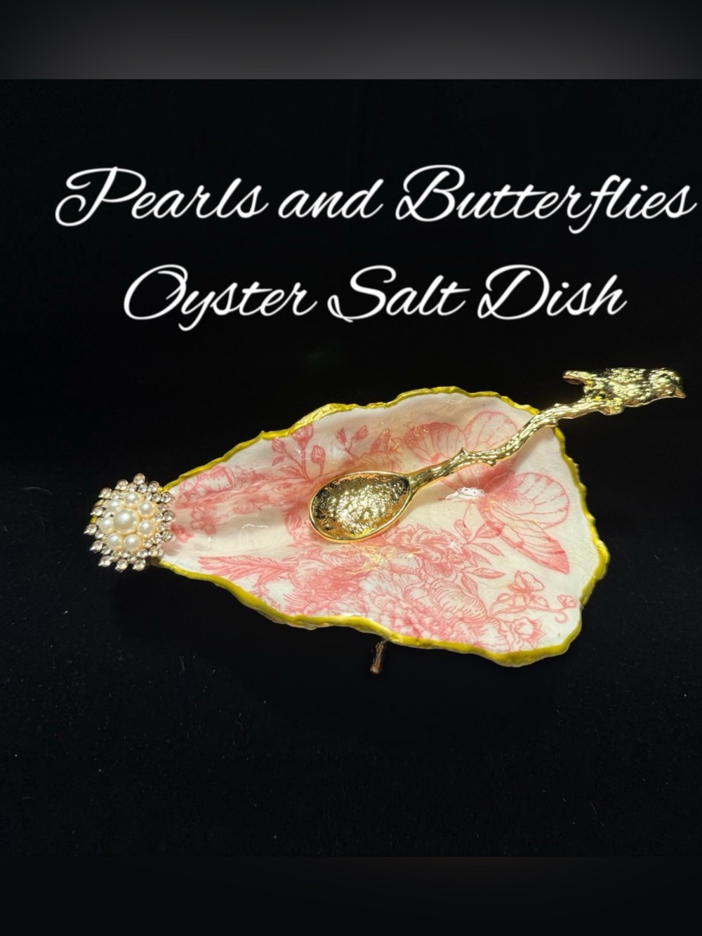 Pearls and Butterflies Pink Oyster Salt Dish with Gold Spoon